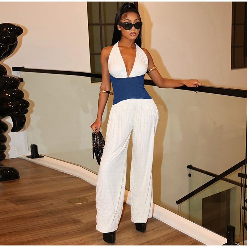 Halter Neck Sleeveless Stitching One-piece Wide-leg Pants Summer Ladies One-piece Casual Fashion Commuter Style