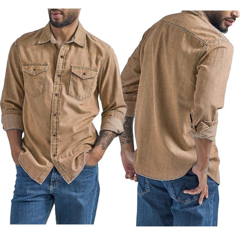 Men Vintage Wash Denim Shirt Casual Long Sleeve Button Up Pocket Top