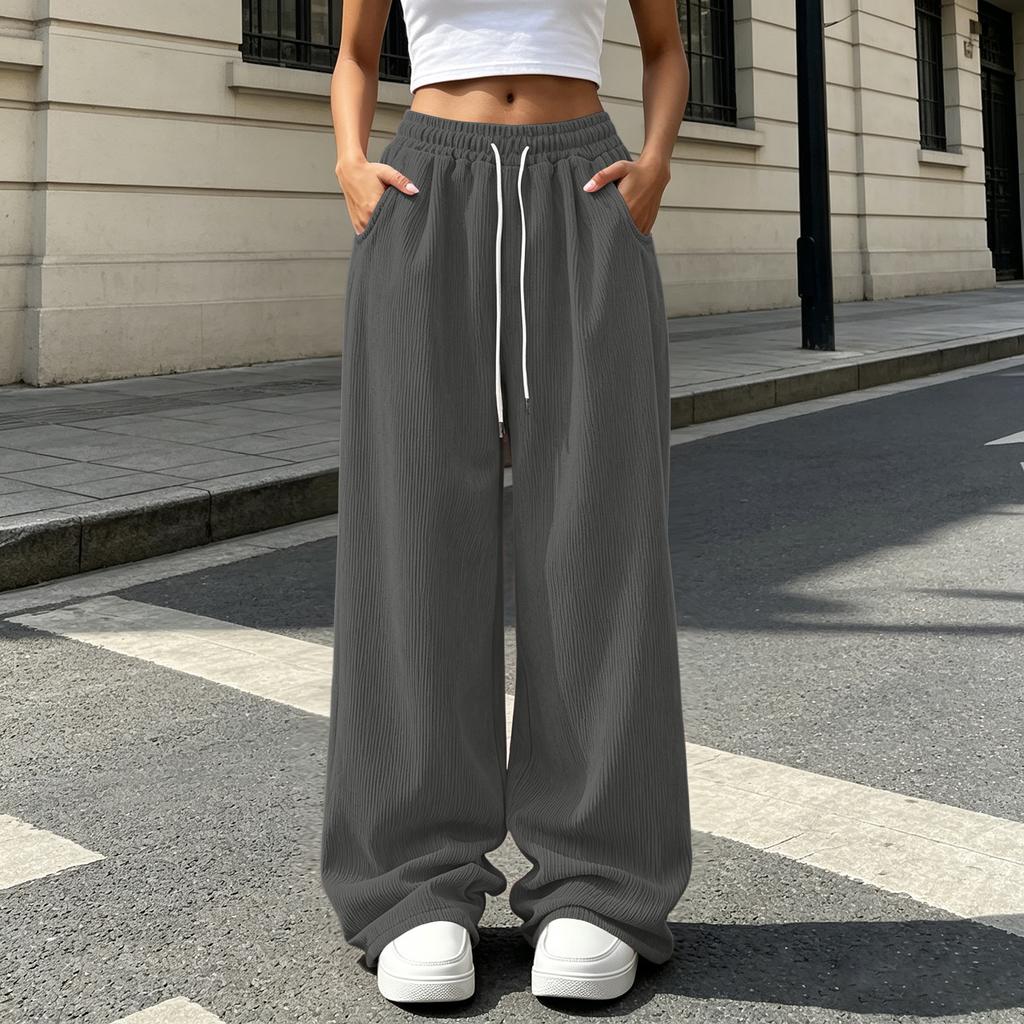 Women's Corduroy Drawstring Wide Leg Pants with Pockets - Loose Fit Casual Trousers for Daily Wear