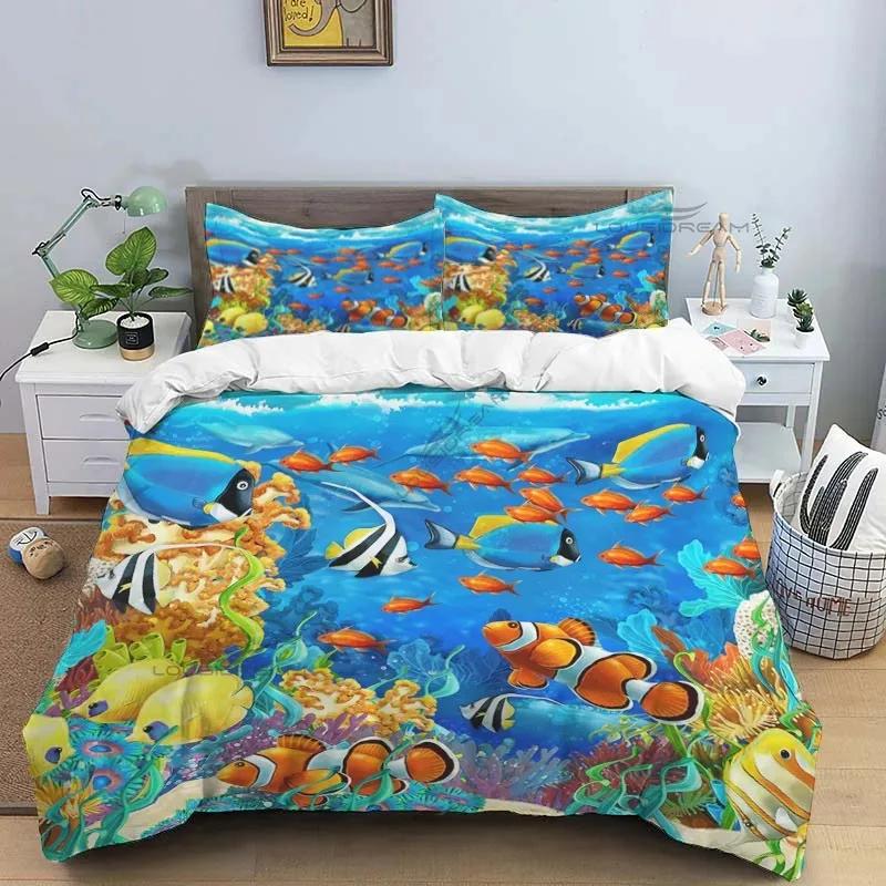 Ocean World Marine Life Art Pattern Comforter Bedding Set,Duvet Cover Bed Set Quilt Cover Pillowcase,King Queen Size Bedding Set