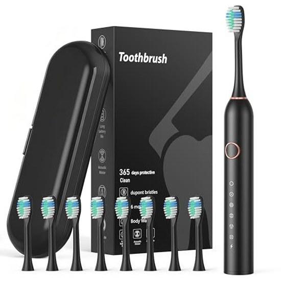 Electric Toothbrush Sonic Type Side-to-side Motion IPX7 Waterproof 6 Modes 8 Replacement Brushes Included Rechargeable Storage Case 2-minute Auto SW5