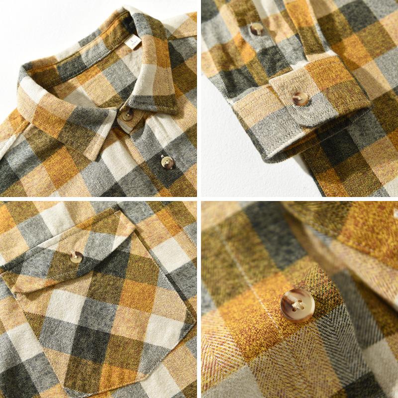 Autumn and Winter Shirts for Men American Retro Dropped Shoulder Plaid Shirt Men Long Sleeve Pure Cotton Casual Tops