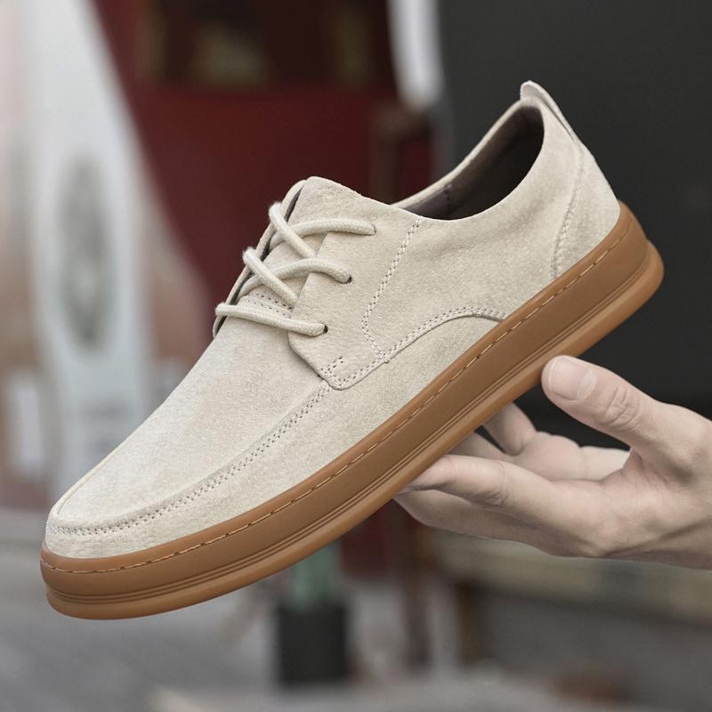 Fashion Men's Leather Shoes 38-45 Beige Suede Classic Lace-Up Design Brown Rubber Wear-Resistant Sole, Low-Top Daily Slim Fashion Style