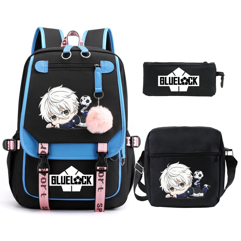 Blue Prison Student School Bag Large Capacity Children'S Shoulder Bag Casual Pencil Bag Set