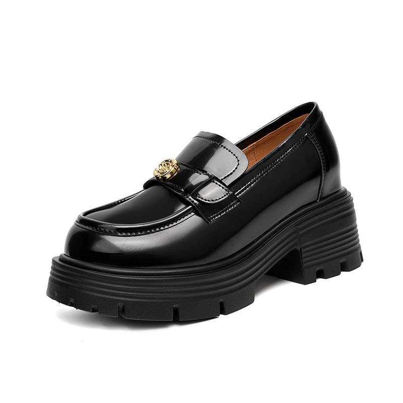 Thick-soled inner height increase women's autumn one-pedal camellia round head small leather shoes single shoes women