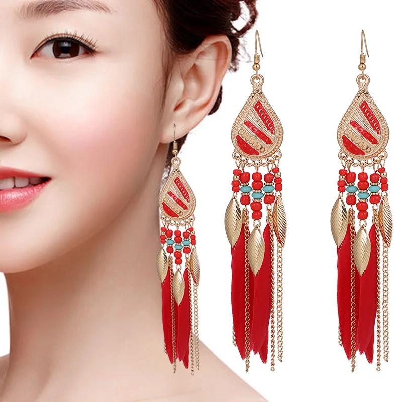 Bohemian Colorful Feather Tassel Earrings For Women Ethnic Beads Drop Statement Hanging Earrings Girls Fashion Jewelry Gift