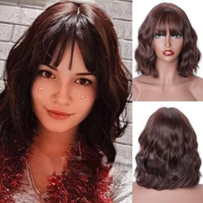Dark Brown Short Wavy Wig with Bangs Short Wavy Bob Wigs for Black Women Natural Wavy Wig Short Bob