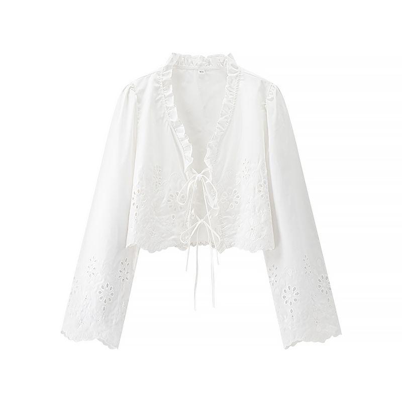 Jnleaog Autumn New Women's Clothing Fashion Style Ruffled V Neck Bows Shoelace Cardigan Long Sleeves Short Shirt