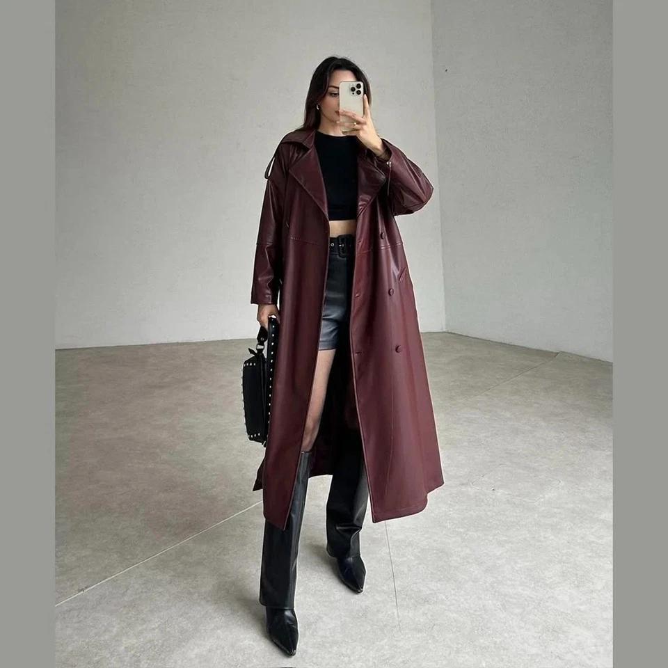 Stilvoller Trenchcoat Echtes Lammleder Damen Party Passform Bordeauxrot Handgefertigt