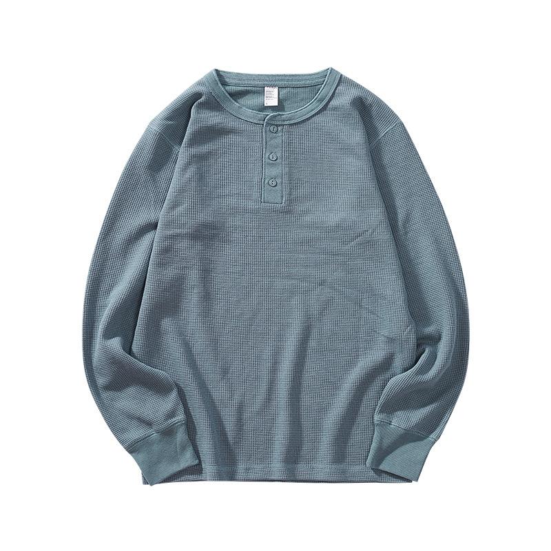 Men's Autumn Heavyweight Retro Waffle Long-sleeved T-shirt Loose Henley Collar Shirt