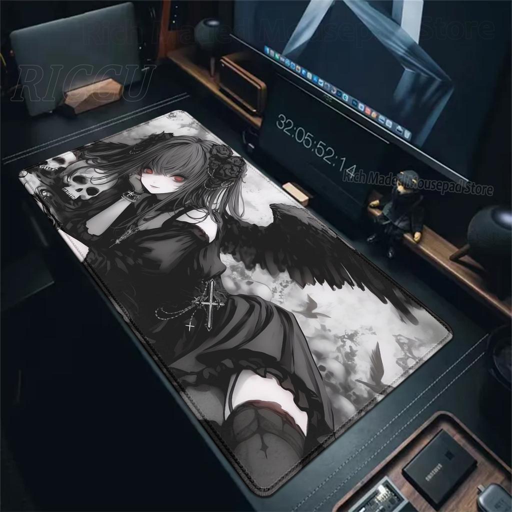 Alfombrilla de Ratón XXL Ángel Oscuro Chicas Anime Esterilla de Escritorio Oficina Portátil Alfombrilla de Escritorio Extendida Alfombrilla de Ratón para Jugador de PC Alfombrilla para Teclado Alfombra Negra