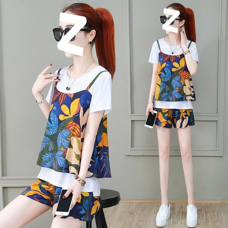 Letnia Damska Luźna Koszula Plus Size Kwiatowa Modna Dopasowana Garnitur Krótkie Rękawy Spodenki Dwuczęściowy Zestaw