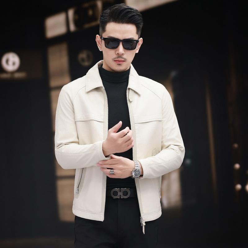 New Genuine Leather Jacket Men's Goat Leather Jacket Lapel Motorcycle Casual Trendy Short Fashionable Jacket for Young and Middle-aged People
