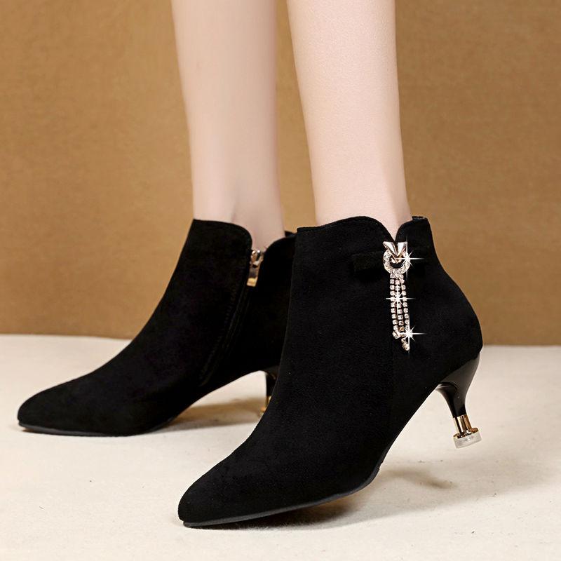 Black Pointed Toe Autumn Winter Woman Short Shoes Rhinestone Elegant with Medium Heels Ankle Boots for Women Goth Sale Booties