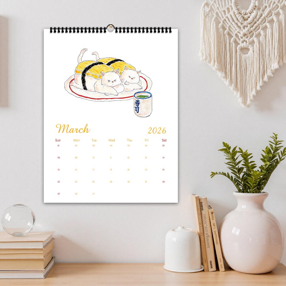1pc 2026 Wall Calendar, Cute Japanese Cat Design, Sushi Cats, 12 Months Monthly Plan, Perfect Gift for Birthdays & Holidays