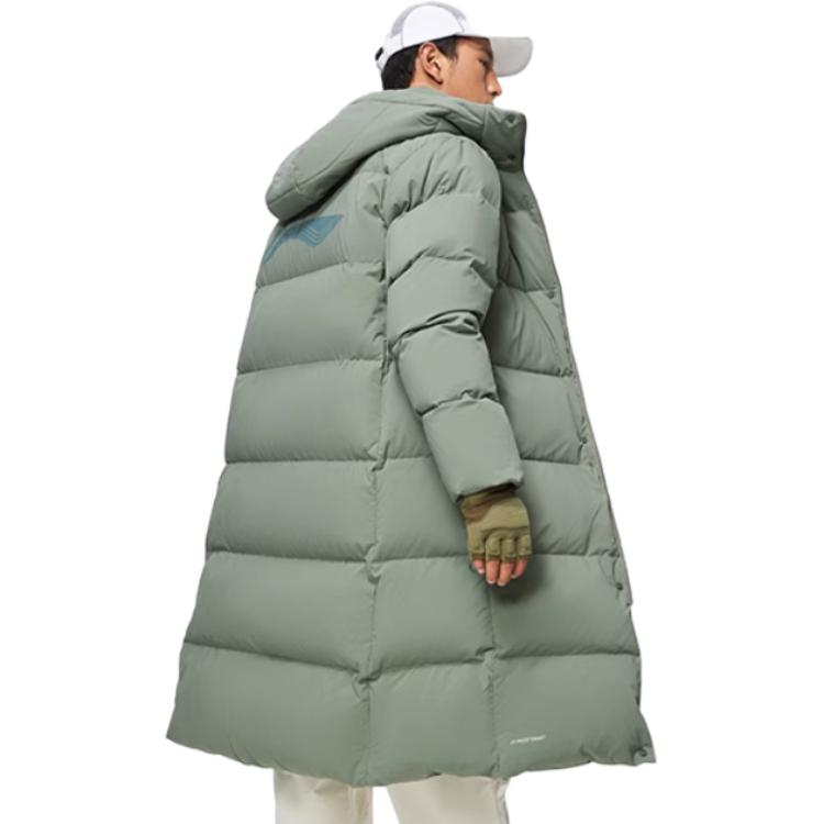 Li Ning Long Hooded Down Jacket With Large Logo Print On The Back Men Outerwear Gray-Green AYMT107-3