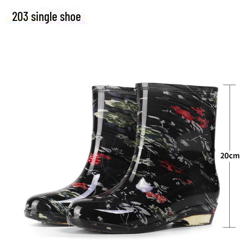 Women's Floral Crystal Rain Boots: Mid-Tube, Thick Rubber, Transparent Sole, Waterproof Kitchen Shoes
