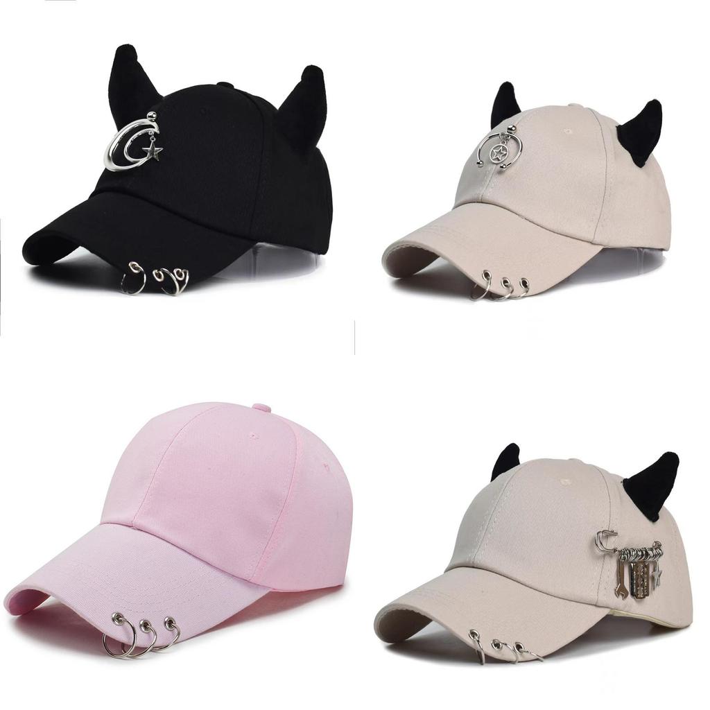 Streetwear Cool Cowhorn Baseball Cap With Metal Ring Embellishments For Urban Style