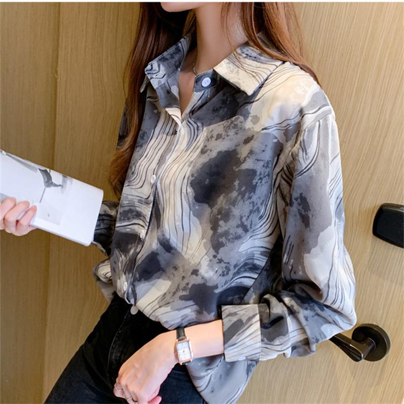 Jarní volné Dámská košile Ink Splash Print Košile s dlouhým rukávem Dámská košile s dlouhým rukávem Zapnout Neck Blusas Mujer De Moda 2022