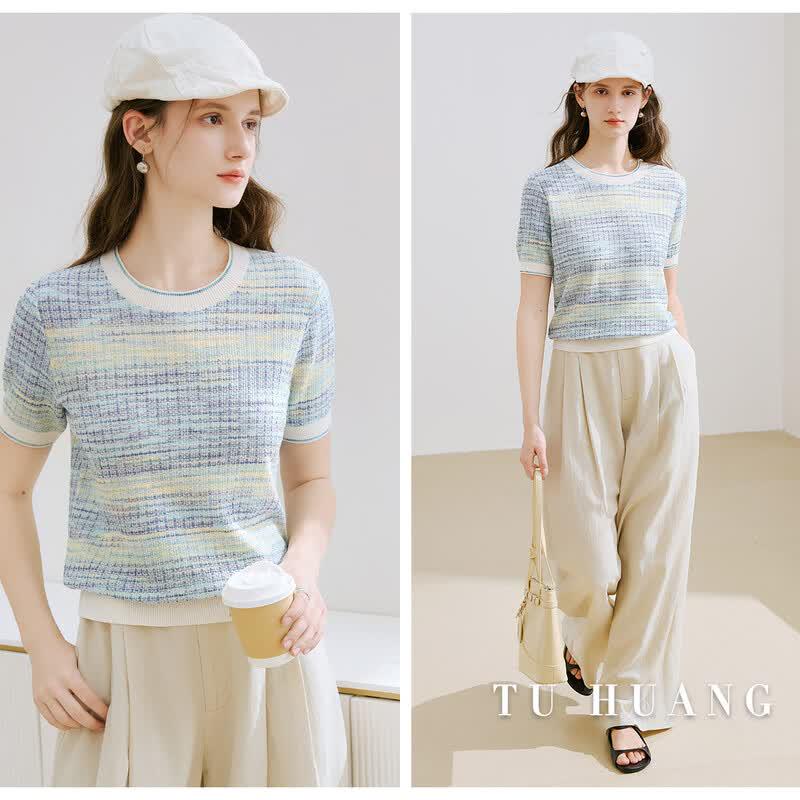 TUHUANG Women's Silk Blend Striped Knit T-Shirt