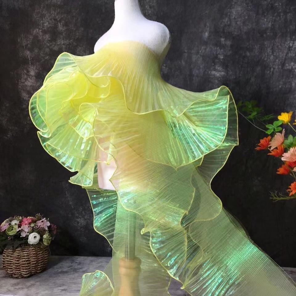 1Yard Lace Fabric Mermaid Ruffled Transparent Iridescent Laser Pleated for Wedding Sewing Costume Supply Craft
