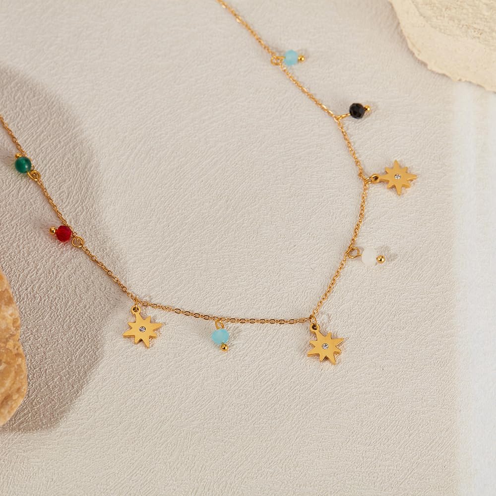 Necklace for Star Stainless Colorful with Christmas [Deelfel] Women, Charm, Gold, Steel, Beads, Zirconia, Adjustable, Gift, Birthday,