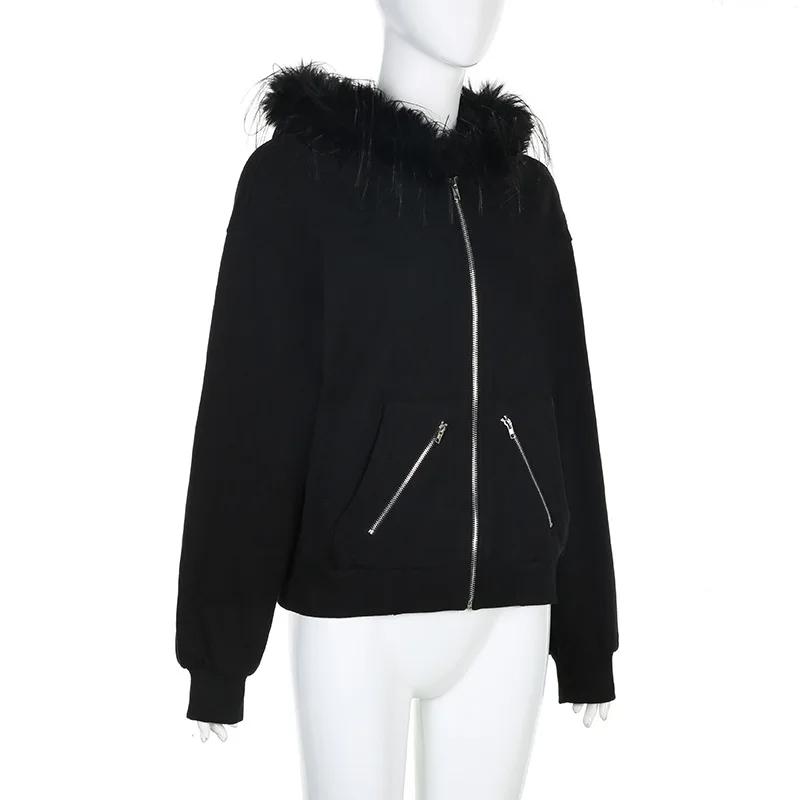 Jachetă Glugă Goth Guler de blană artificială întunecată Hanoare cu glugă cu fermoar Buzunare gotice Grunge Toamnă Negru Femei Streetwear Cardigane