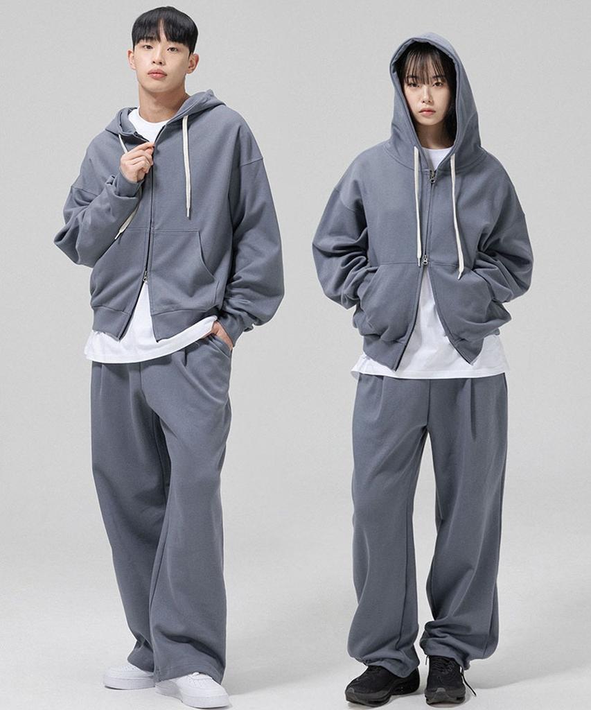 Granfinny Two-Way Oversized Zip-Up Hoodie + One-Pleat Two-Way Drawstring Training Pants Set - Gray