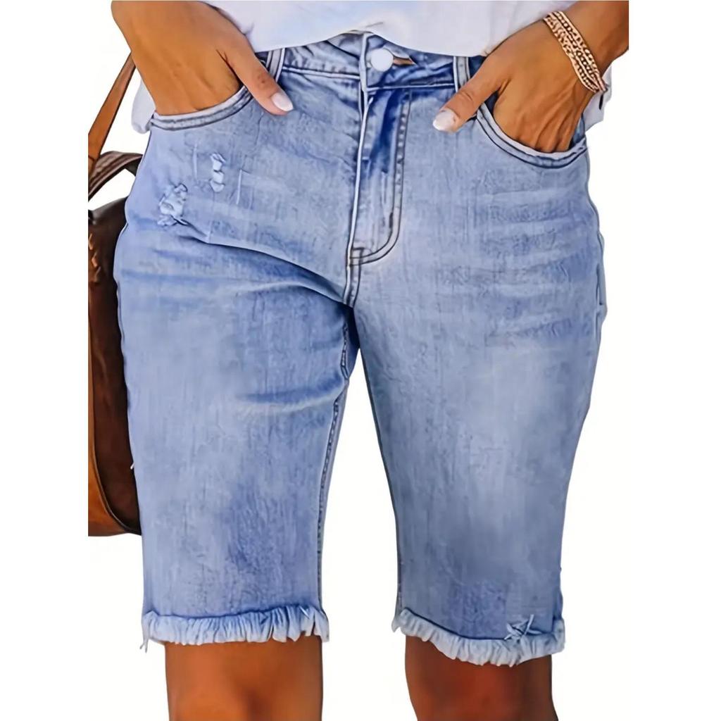 Plus Size Women's Casual Washed Blue Denim Shorts