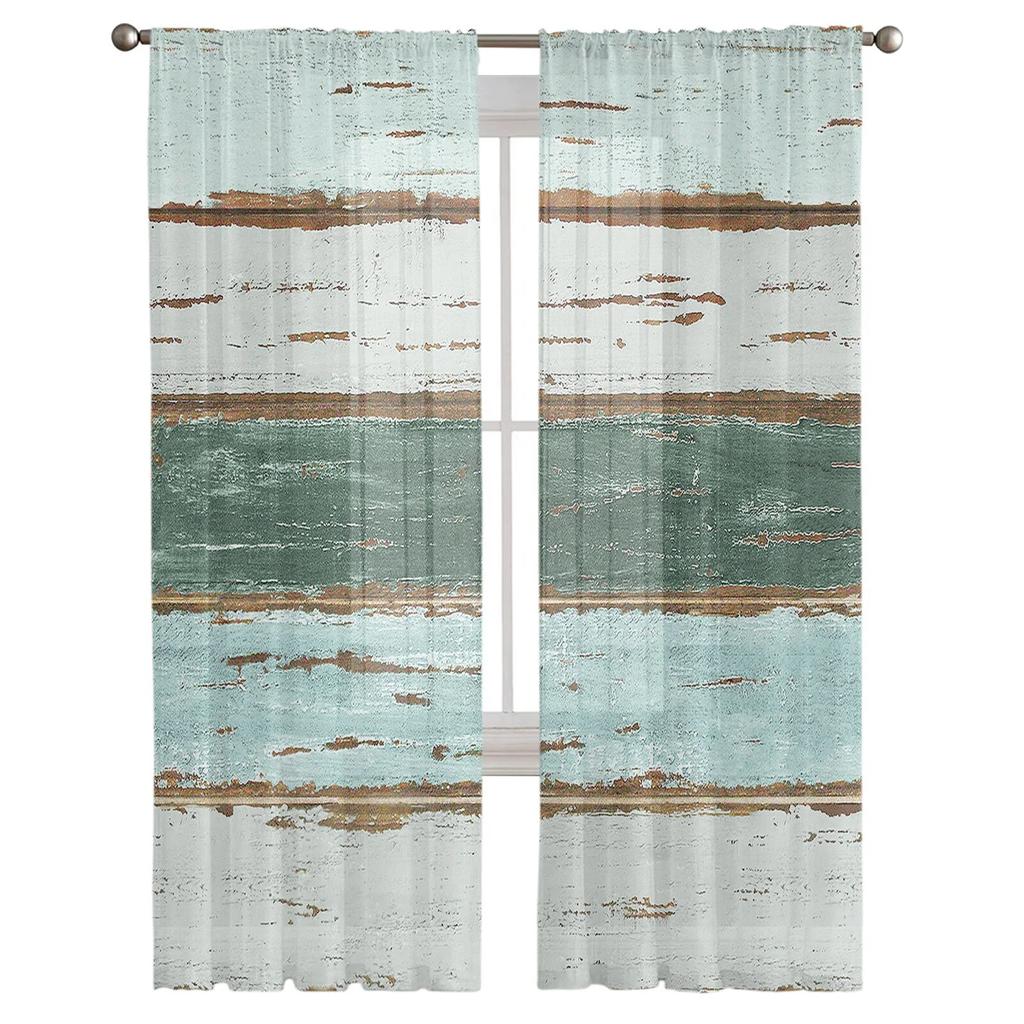 Vintage farma Imitace dřeva Zelená Ložnice Transparentní Průsvitné Záclony Sváteční dekorace Okno Voál Tyl Záclona