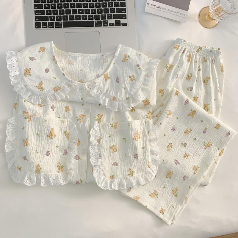 Pastoral Small Floral Pajamas Women'S Spring And Autumn Simple Long-Sleeved Doll Collar Cloud Cotton Loungewear Set