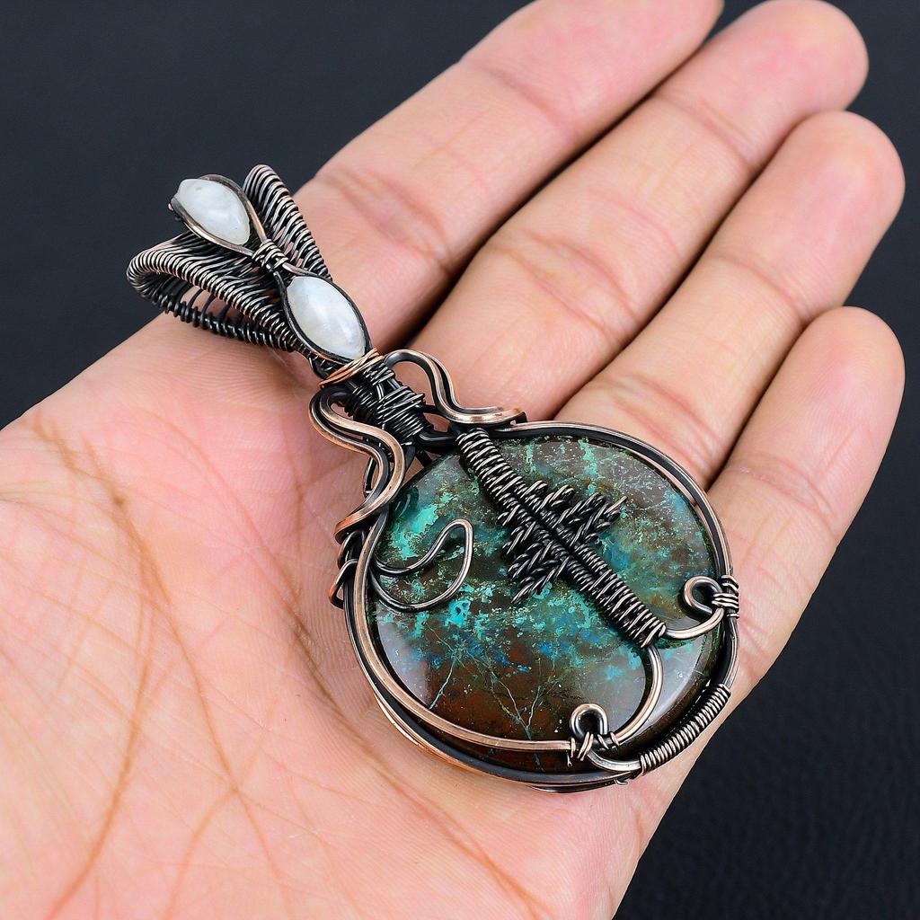 Chrysocolla Pendant, 999 Copper Wire Wrapped Pendant Handmade Gemstone Jewelry, Gifts For Wife Brand New Pendant