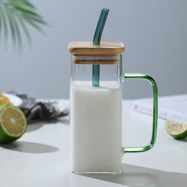 400 ml Fyrkantig Glasmugg Med Lock och Sugrör Frukost Mjölkkopp Mikrovågssäker Transparent Party Öl Kaffe Mugg Dryckesvaror Glas