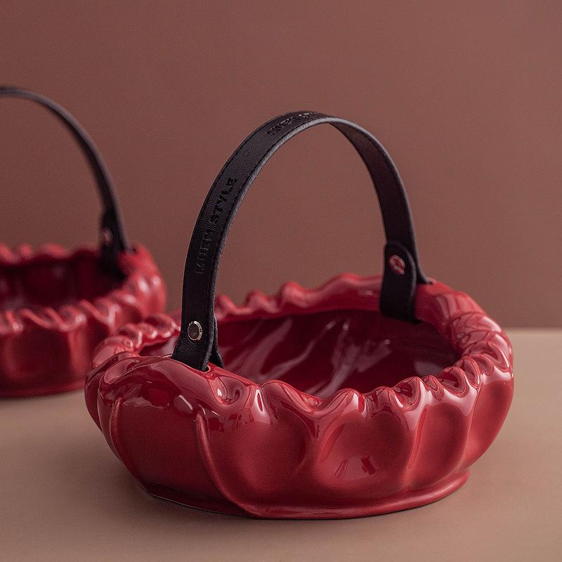 Creative Tray Red Basket Desktop Storage Container Fruit Platter Ceramic Plate Pleated Basket Home Decoration Accessories
