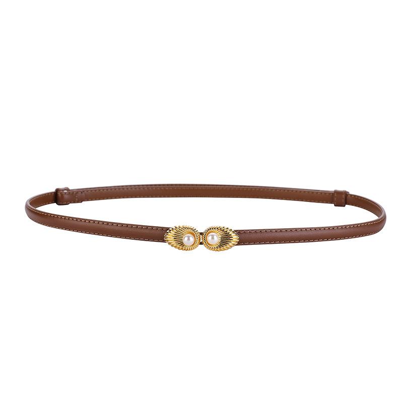 Pearl buckle adjustable women's genuine leather belt - versatile dress & jacket top grain cowhide slim belt