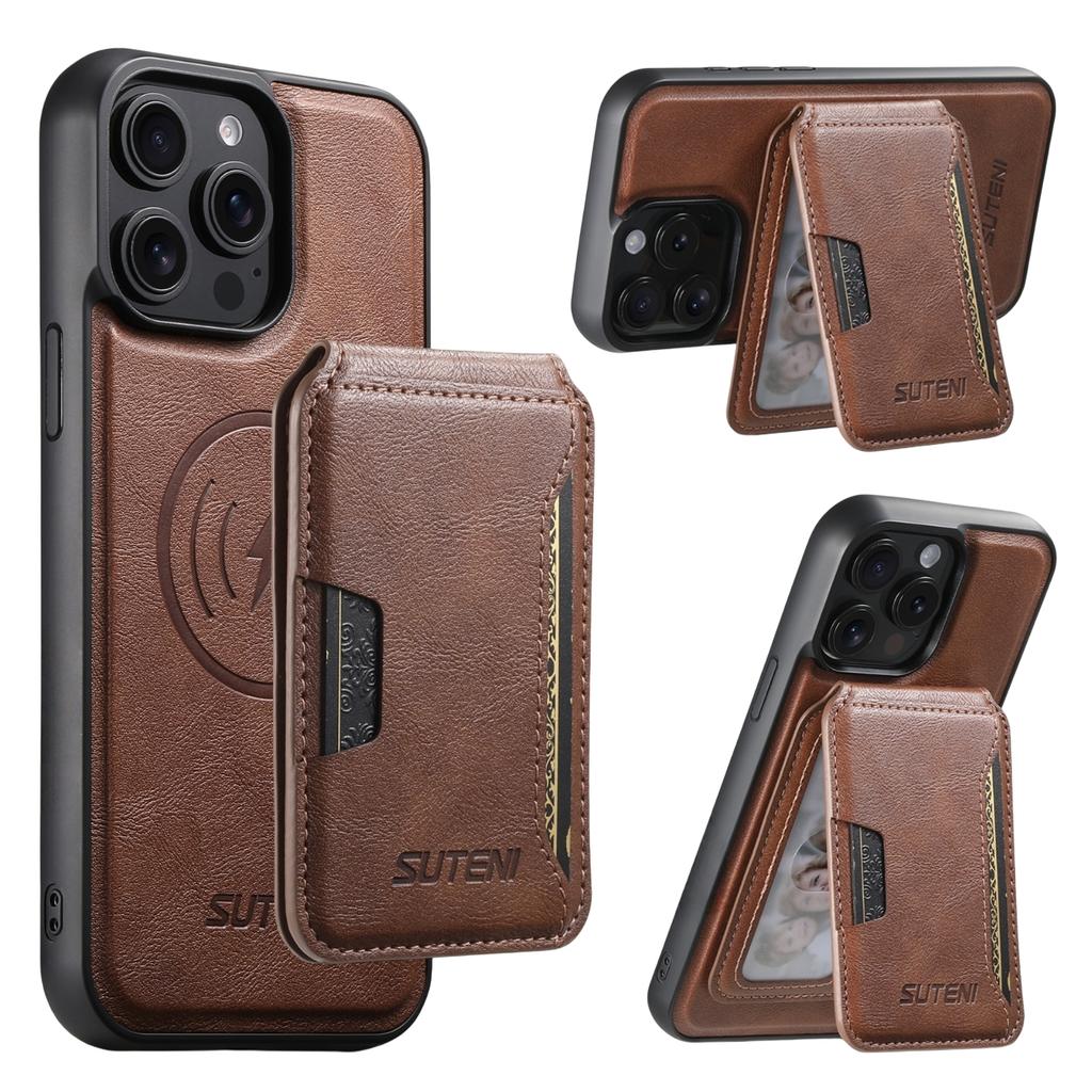 SUTENI M3 For iPhone 15 Pro Max Magnetic Case Cowhide Texture Leather Back Cover with Card Bag Kickstand