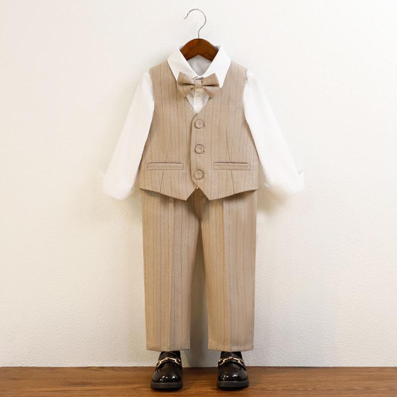 Boys Pinstripe Waistcoat 4 Piece Gentleman Suit White Shirt Bow Straight Pants Kids Wedding Flower Boy Birthday Photo Children Formal Outfit Set