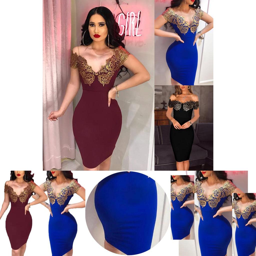 Elegant Women Off Shoulder Deep V-neck Bodycon Cocktail Mini Dress For Parties