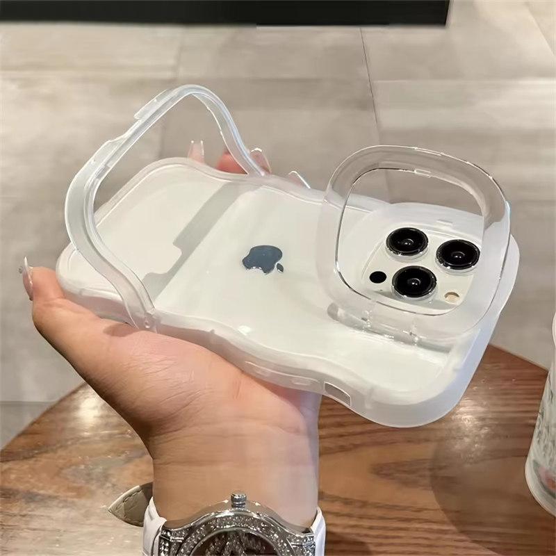 2IN1 Folding Stand Wave Clear Phone Case For iPhone 16 15 11 12 13 14 Pro Max X XR Fashion 3D Curly Shockproof Protective Cover