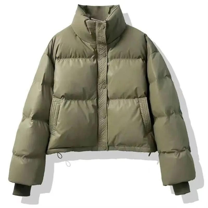 Women Stand Up Collar Short Winter Petite Fashion Bread Warm Thickened PU Leather Down Cotton Jacket for Women