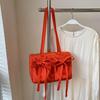 Women's Preppy Style Bow Nylon Shoulder Bag Versatile Solid Color Zipper Sweet Tote Bag for Commuting & Casual Outings CLE