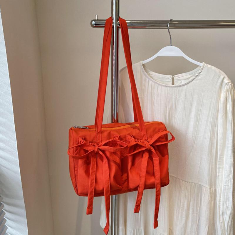 Women's Preppy Style Bow Nylon Shoulder Bag Versatile Solid Color Zipper Sweet Tote Bag for Commuting & Casual Outings CLE