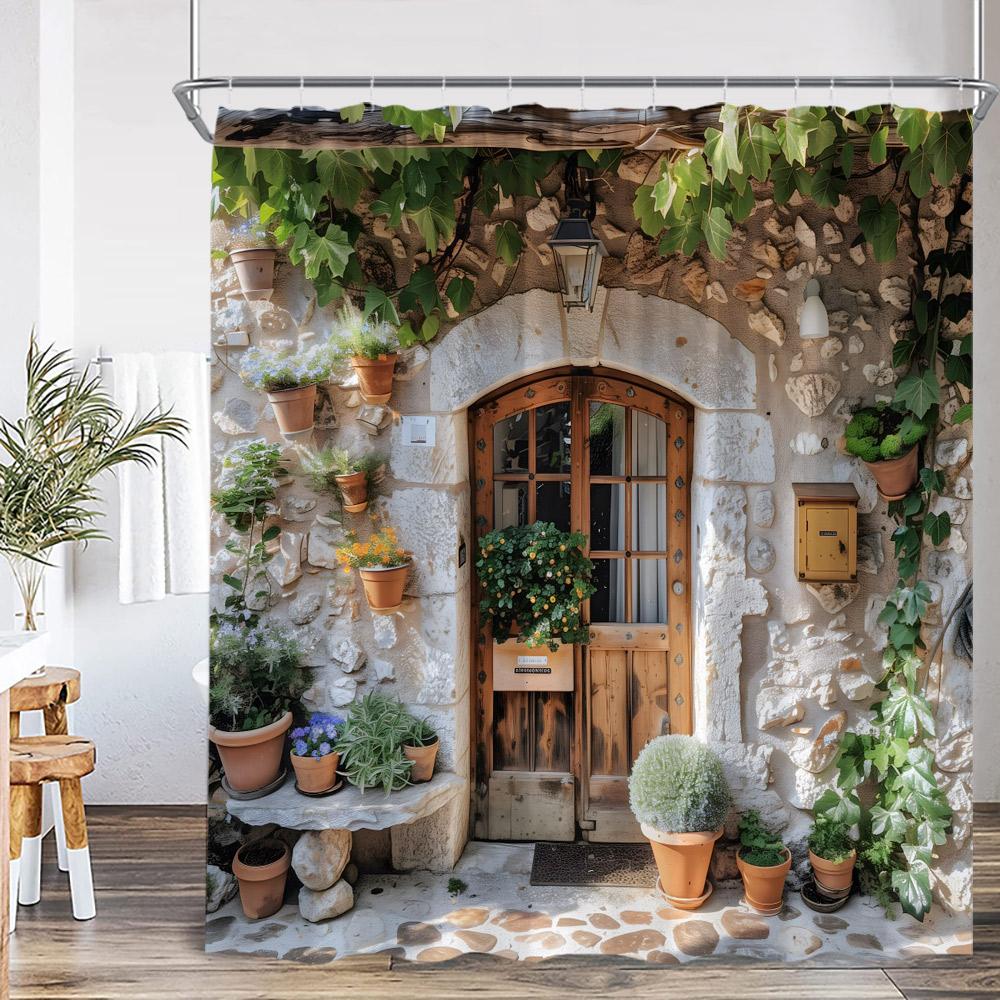 Italienischer Street View Duschvorhang Grüne Ranke Rote Rose Fensterbank Außenpflanze Europäische Badezimmerdekoration Polyester Duschvorhang