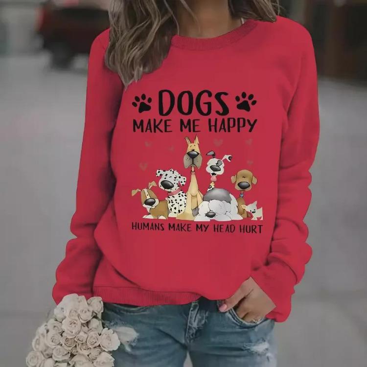 European American Cross Border Women Casual Autumn Winter Dog Print Pullover Round Neck Long Sleeve