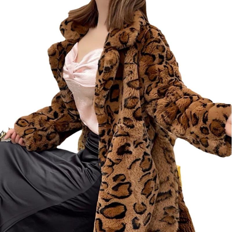 Suit Collar Fur Waist Long Leopard Print Coat Loose Imitation Fur Jacket Women Autumn and Winter