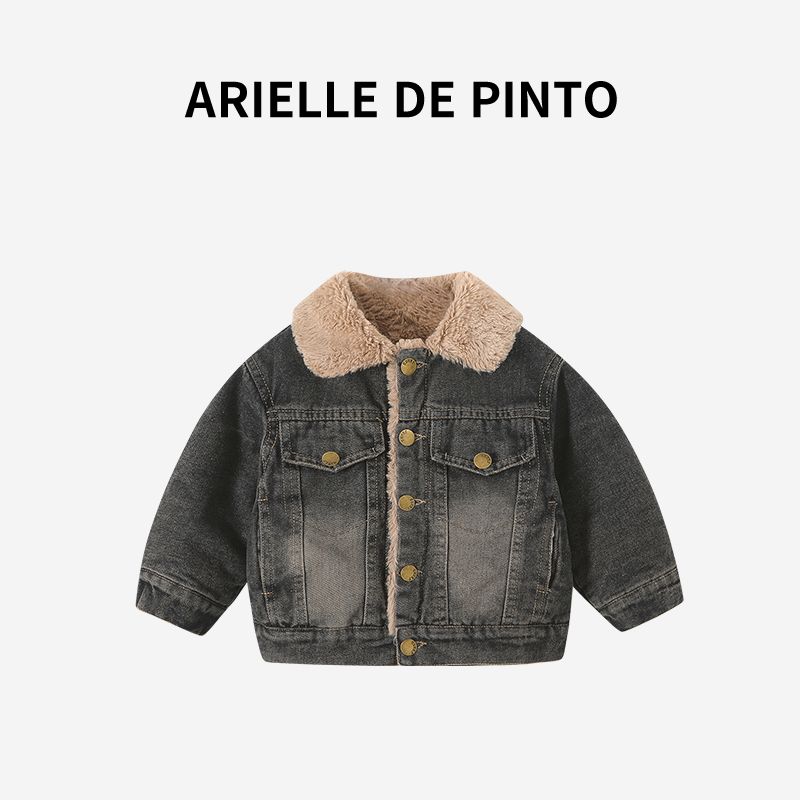 French Arielle De Pinto Boys  Jacket, New Winter Style, Stylish Boys  Fleece-Lined and Thickened Denim Jacket Blue 90