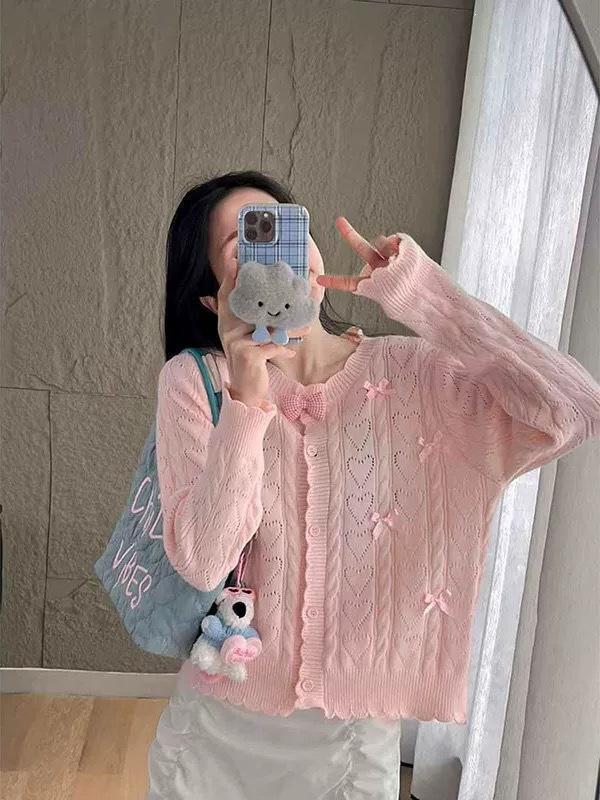 Pink Bow Knit Cardigan for Women - 2026 Spring/Autumn Sweet Age-Defying Sweater, Hollow Short Top