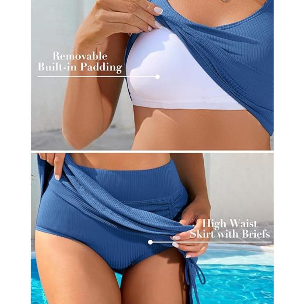 CHARMLEAKS Damskie dwuczęściowe komplety bikini z wysokim stanem i spódniczką kontrolujące brzuch, prążkowane, sportowe bikini, strój kąpielowy 2025