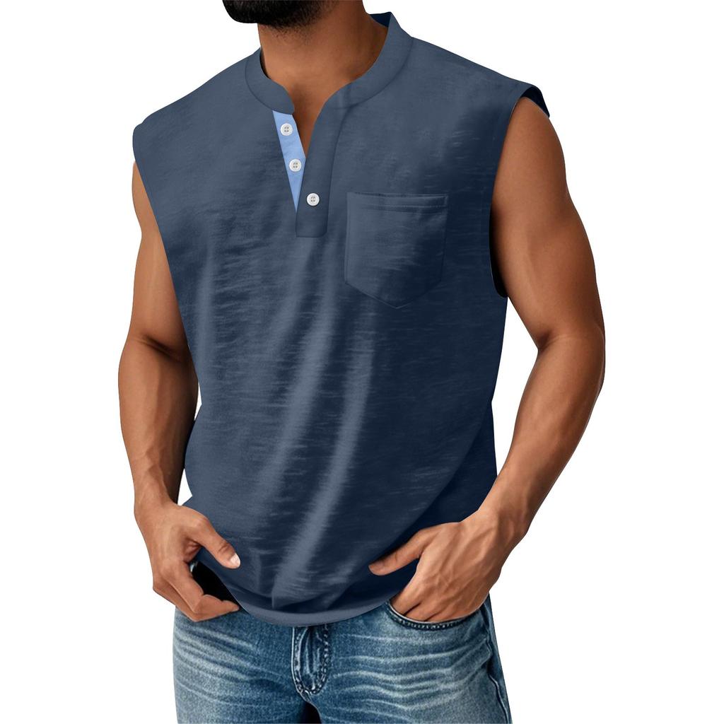Men's Summer Solid Matching Color Pocket Sports Buttons Vest Men's Sports Casual Vest