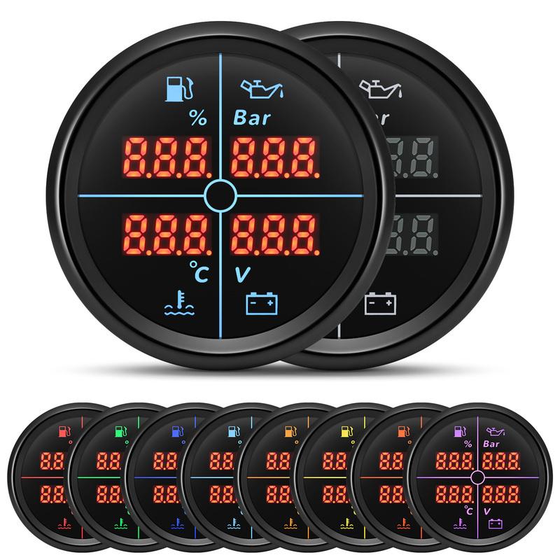 ZMFJH 8 Color LED Multifunctional 52mm Fuel Level Gauge+Oil Pressure+Water Temperature+Voltmeter with Sensor 0-190ohm 100-600mm
